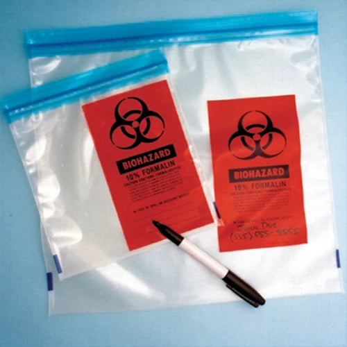 Globe Scientific 4973 Bag Liquid Tight Ziplock for Specimen Storage with Formalin Warning Printing Saranex 7" x 8" 250/Pack 4 Packs/Unit