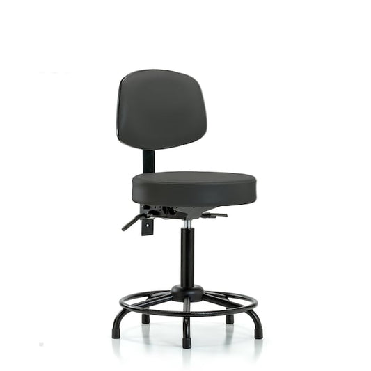 Blue Ridge Ergonomics VMBST-RG-T0-BF-RC-8546 Rutledge Vinyl Stool with Back - Medium Bench Height with Black Foot Ring & Casters in Colonial Blue Trailblazer™ Vinyl