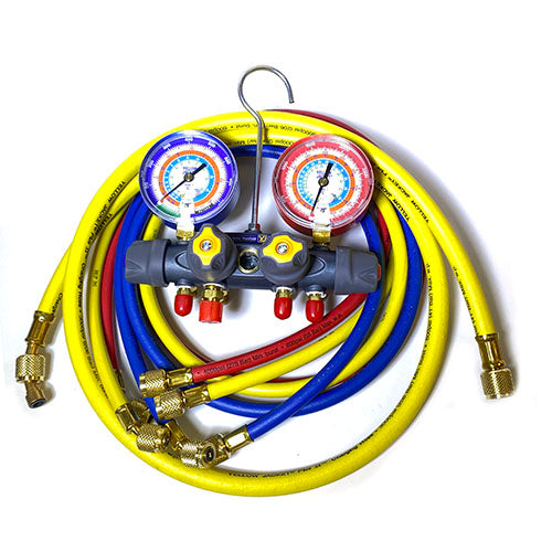 Yellow Jacket 49911 49912 with 60" PLUS II RYB and 3/8" x 45Â°, R/B gauges, kPa/psi, R22/134a/404A Â°C