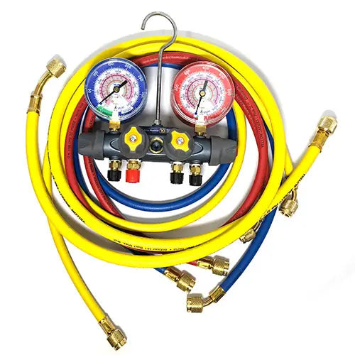 Yellow Jacket 49913 49914 With 60" PLUS II RYB and 3/8" x 45Â°, R/B gauges, kPa/psi, R32/R410A Â°F and Â°C