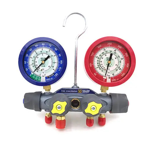 Yellow Jacket 49925 With 60" PLUS II RYB and 3/8" x 45Â°, liquid gauges, bar/psi, R22 Â°F and Â°C