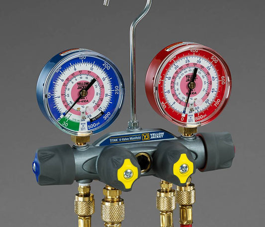 Yellow Jacket 49955 With 60" PLUS II RYB and 3/8" x 45Â°, liquid gauges, psi, R134a/404A/407C Â°F