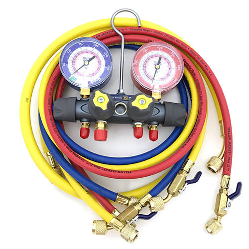 Yellow Jacket 49968 With 60"PLUS II compact ball valve RYB and 3/8" x 45Â°, R/B gauges, psi, R22/404A/410A Â°F