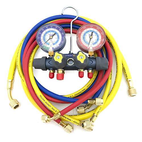 Yellow Jacket 49987 With 60" PLUS II RYB and 3/8" x 45Â°, R/B gauges, psi, R22/134a/404A Â°F