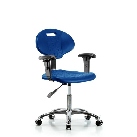 Blue Ridge Ergonomics TPDHCH-CR-A1-CC-BLU Erie Polyurethane Chair Chrome - Desk Height with Adjustable Arms & Chrome Casters in Blue Polyurethane
