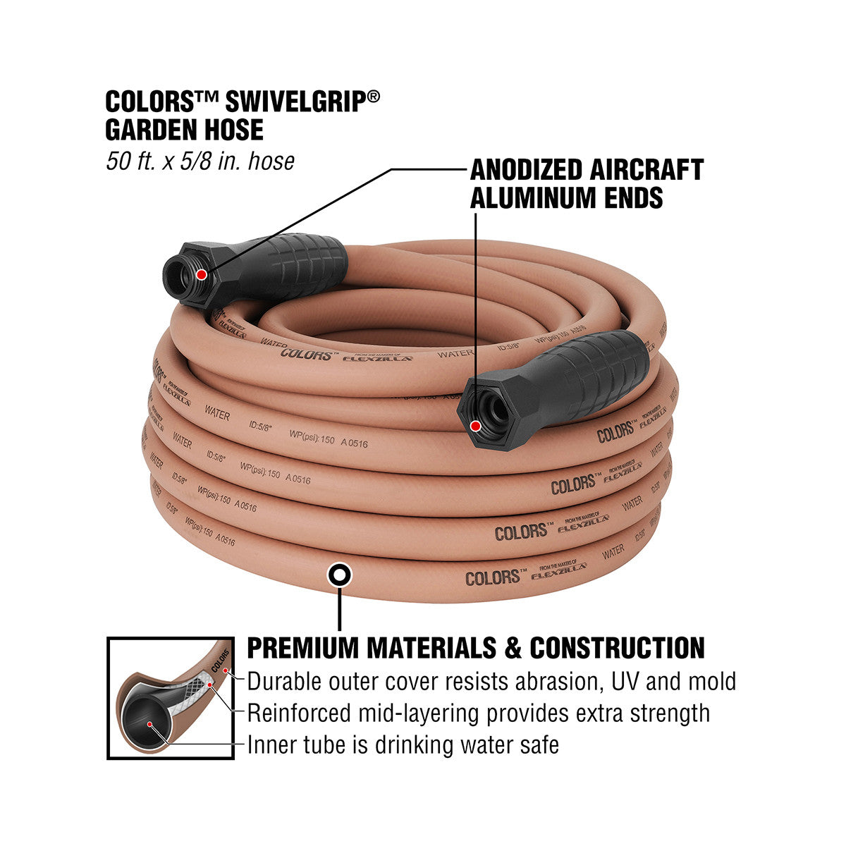 Colors HFZC550TCS-E SwivelGrip® Garden Hose, 5/8" x 50', 3/4" - 11 1/2 GHT Fittings, Red Clay