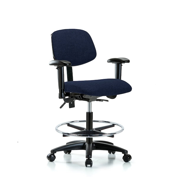 Blue Ridge Ergonomics FMBCH-RG-T0-A1-CF-RC-F45 Rutledge Fabric Chair - Medium Bench Height with Adjustable Arms, Chrome Foot Ring, & Casters in Navy Fabric