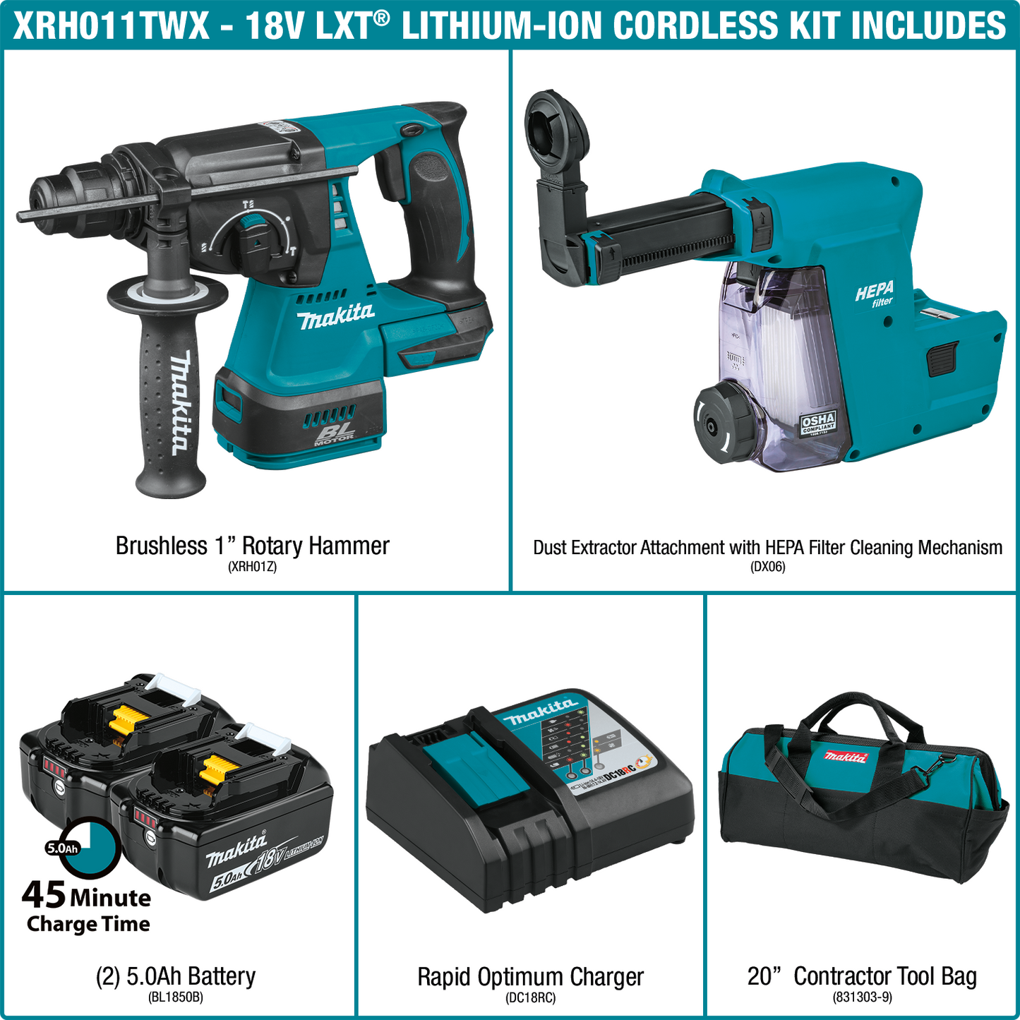 Makita XRH011TWX 18V LXT® Lithium‘Ion Brushless Cordless 1" SDS‘PLUS Rotary Hammer Kit, w/ HEPA Dust Extractor Attachment (5.0Ah)