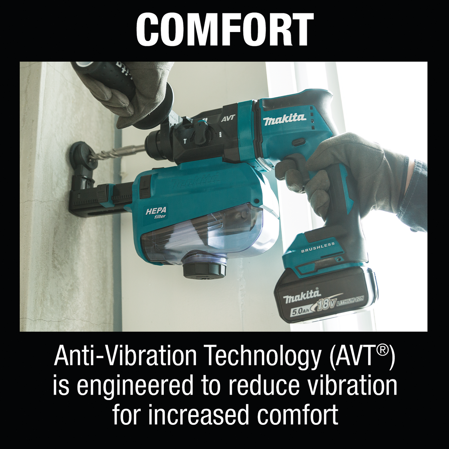 Makita XRH12TW 18V LXT® Lithium‘Ion Brushless Cordless 11/16" SDS‘PLUS AVT® Rotary Hammer Kit, w/ HEPA Dust Extractor, AWS® Capable (5.0Ah)