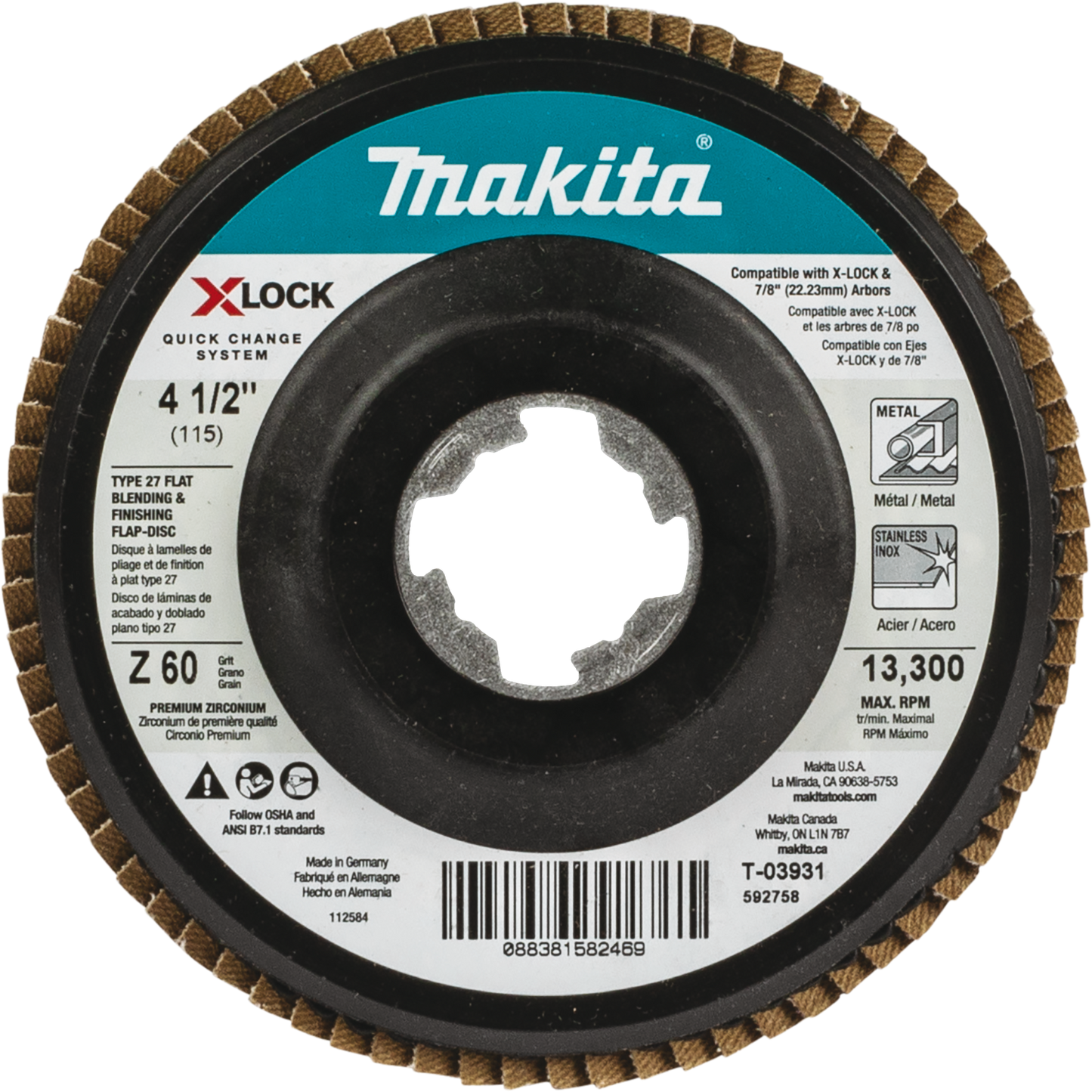 Makita T-03931 X‘LOCK 4‘1/2" 60 Grit Type 27 Flat Blending and Finishing Flap Disc for X‘LOCK and All 7/8" Arbor Grinders