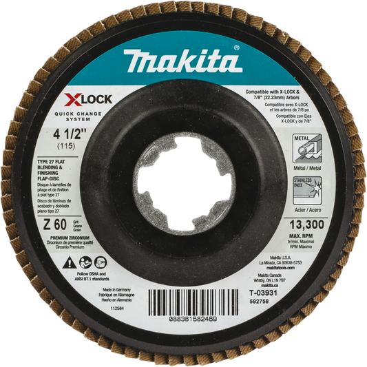 Makita T-03931 X‘LOCK 4‘1/2" 60 Grit Type 27 Flat Blending and Finishing Flap Disc for X‘LOCK and All 7/8" Arbor Grinders