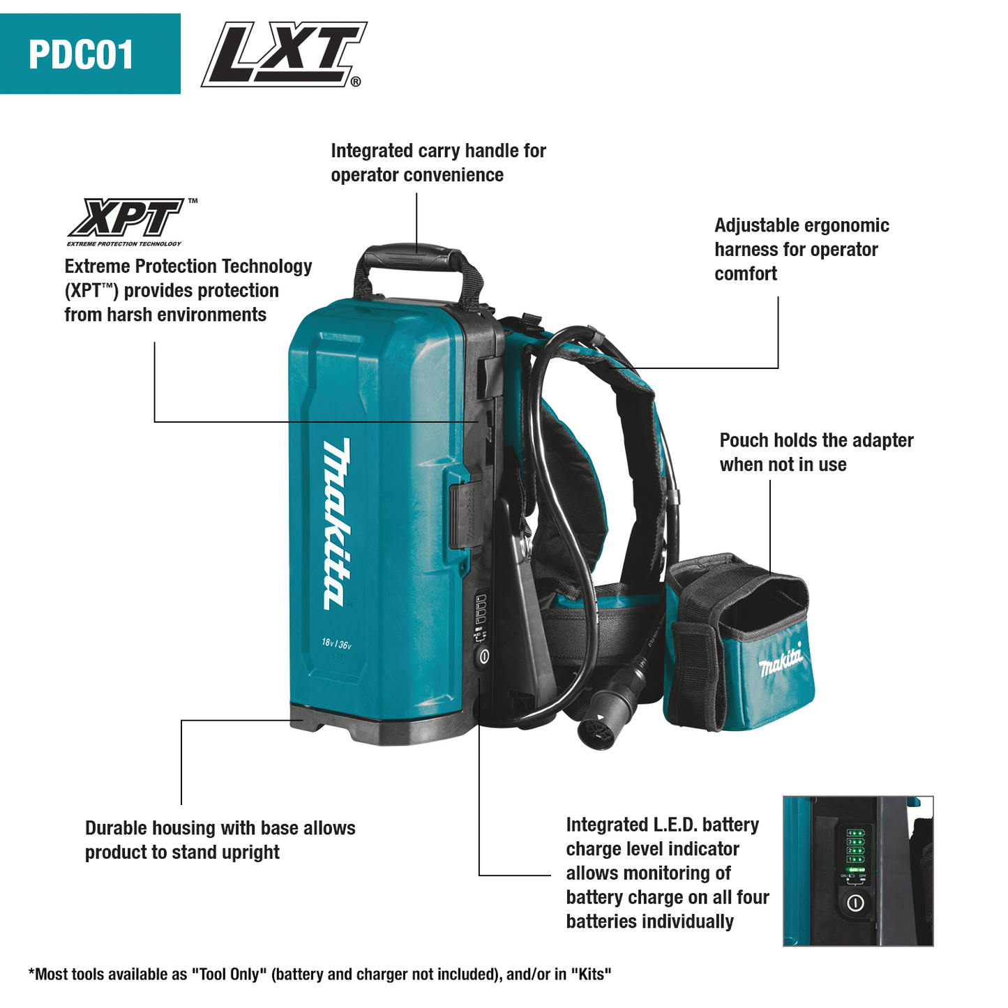 Makita PDC01G6 ConnectX,, LXT®, LXT® X2 and XGT® Portable Backpack Power Supply with 6 Batteries (6.0Ah)