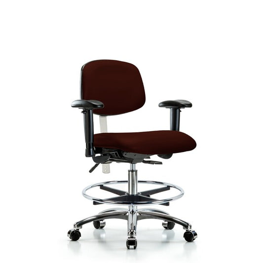 Blue Ridge Ergonomics NCR-VMBCH-CR-T1-A1-CF-CC-8569 Class 100 Vinyl Clean Room Chair - Medium Bench Height with Seat Tilt, Adjustable Arms, Chrome Foot Ring, & Casters in Burgundy Trailblazer™ Vinyl