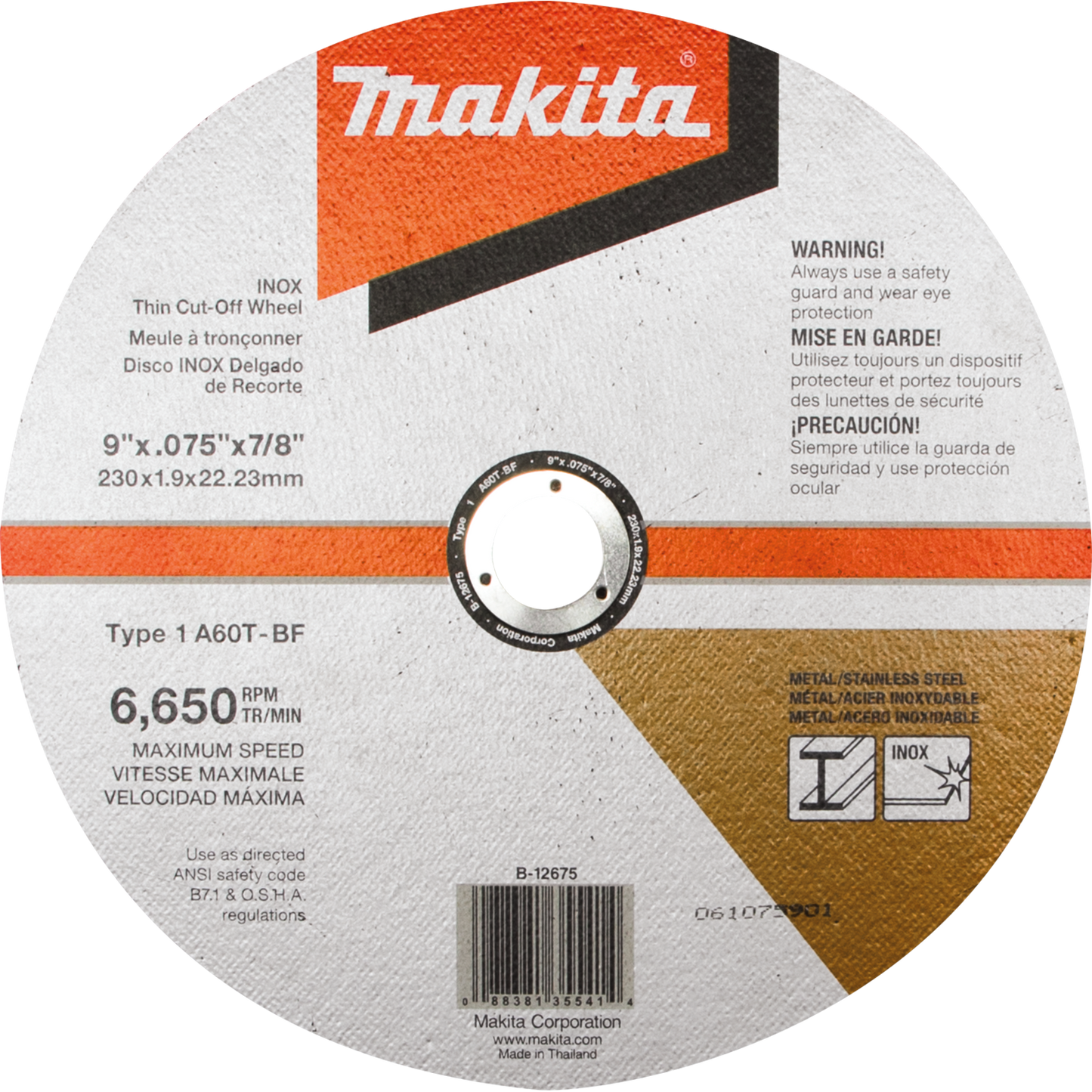 Makita B-12675 9" x .075" x 7/8" INOX Thin Cut‘Off Wheel, 60 Grit