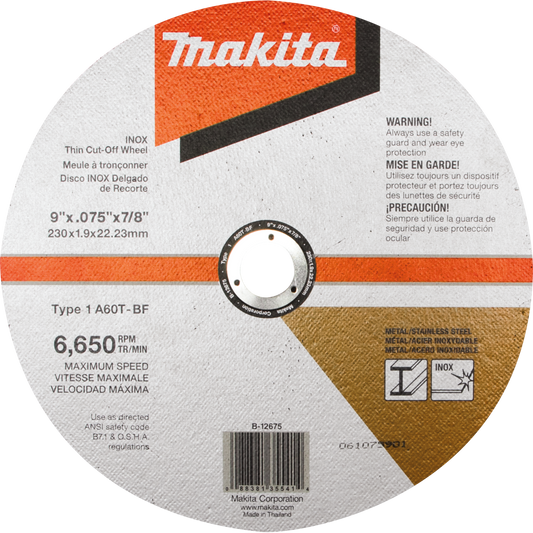 Makita B-12675 9" x .075" x 7/8" INOX Thin Cut‘Off Wheel, 60 Grit