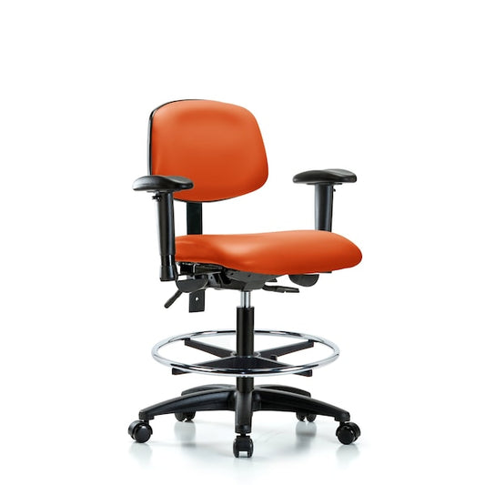 Blue Ridge Ergonomics VMBCH-RG-T1-A1-CF-RG-8613 Rutledge Vinyl Chair - Medium Bench Height with Seat Tilt, Adjustable Arms, Chrome Foot Ring, & Stationary Glides in Orange Kist Trailblazer™ Vinyl