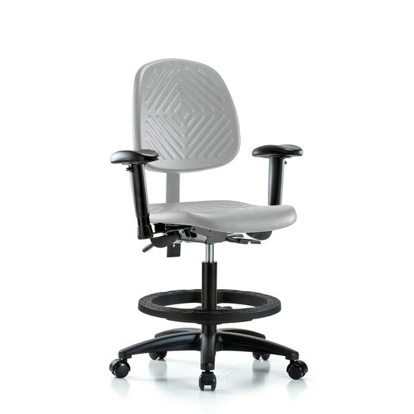 Blue Ridge Ergonomics PMBCH-MB-RG-T0-A1-BF-RC-GRY Polyurethane Chair - Medium Bench Height with Medium Back, Adjustable Arms, Black Foot Ring, & Casters in Gray Polyurethane