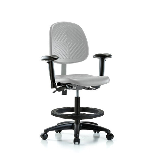 Blue Ridge Ergonomics PMBCH-MB-RG-T0-A1-BF-RC-GRY Polyurethane Chair - Medium Bench Height with Medium Back, Adjustable Arms, Black Foot Ring, & Casters in Gray Polyurethane