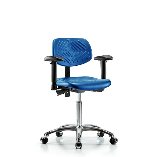 Blue Ridge Ergonomics PMBCH-CR-T1-A1-NF-CC-BLU Polyurethane Chair Chrome - Medium Bench Height with Seat Tilt, Adjustable Arms, & Casters in Blue Polyurethane
