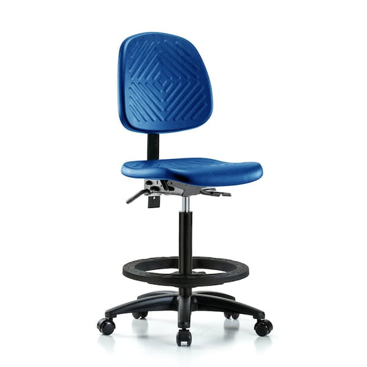 Blue Ridge Ergonomics PHBCH-MB-RG-T1-A0-BF-RC-BLU Polyurethane Chair - High Bench Height with Medium Back, Seat Tilt, Black Foot Ring, & Casters in Blue Polyurethane