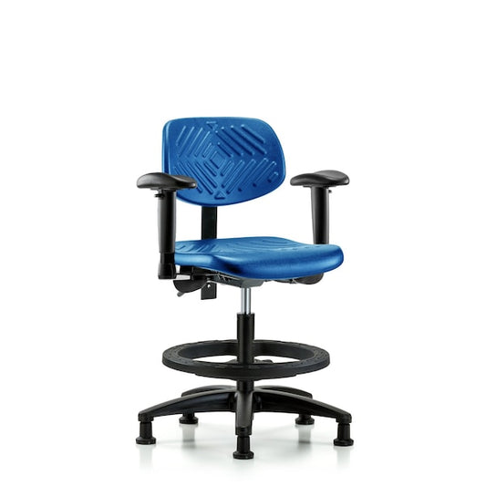Blue Ridge Ergonomics PMBCH-RG-T1-A1-BF-RG-BLU Polyurethane Chair - Medium Bench Height with Seat Tilt, Adjustable Arms, Black Foot Ring, & Stationary Glides in Blue Polyurethane