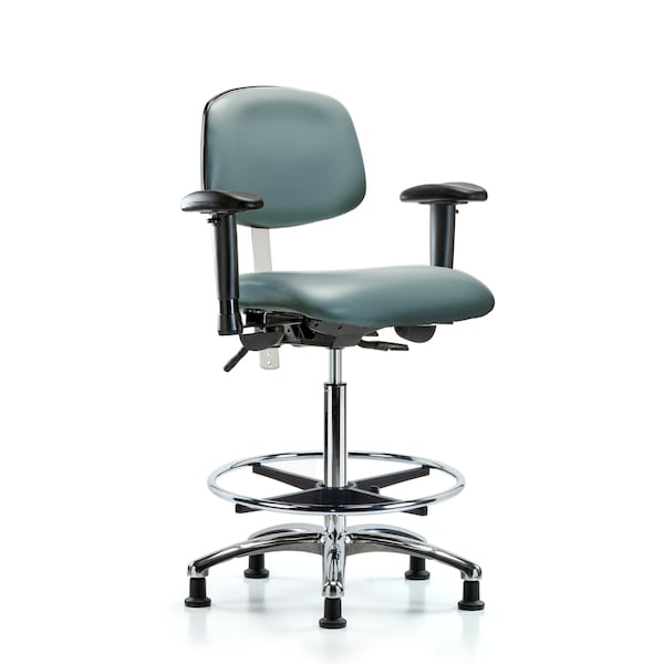 Blue Ridge Ergonomics NCR-VHBCH-CR-T0-A1-CF-RG-8822 Class 100 Vinyl Clean Room Chair - High Bench Height with Adjustable Arms, Chrome Foot Ring, & Stationary Glides in Storm Supernova™ Vinyl