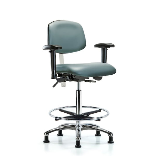 Blue Ridge Ergonomics NCR-VHBCH-CR-T0-A1-CF-RG-8822 Class 100 Vinyl Clean Room Chair - High Bench Height with Adjustable Arms, Chrome Foot Ring, & Stationary Glides in Storm Supernova™ Vinyl