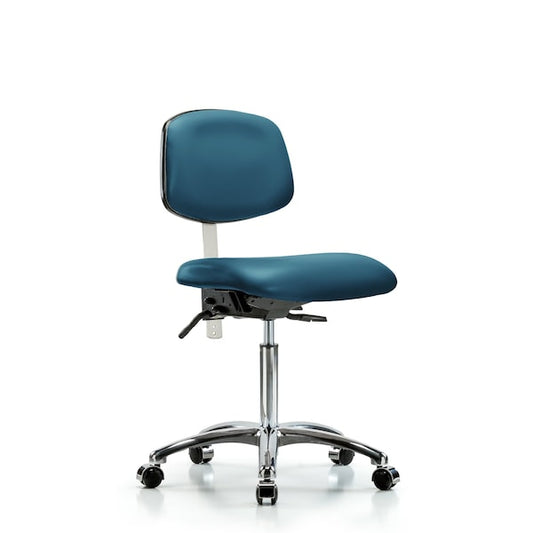 Blue Ridge Ergonomics NCR-VMBCH-CR-T1-A0-NF-CC-8801 Class 100 Vinyl Clean Room Chair - Medium Bench Height with Seat Tilt & Casters in Marine Blue Supernova™ Vinyl