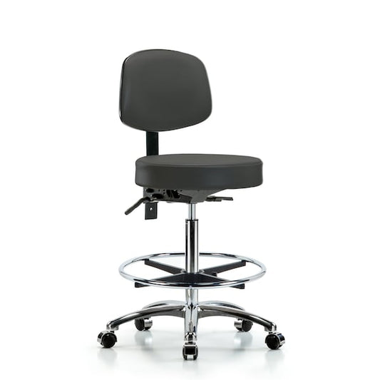 Blue Ridge Ergonomics VHBST-CR-T0-CF-CC-8605 Rutledge Vinyl Stool with Back Chrome - High Bench Height with Chrome Foot Ring & Casters in Charcoal Trailblazer™ Vinyl
