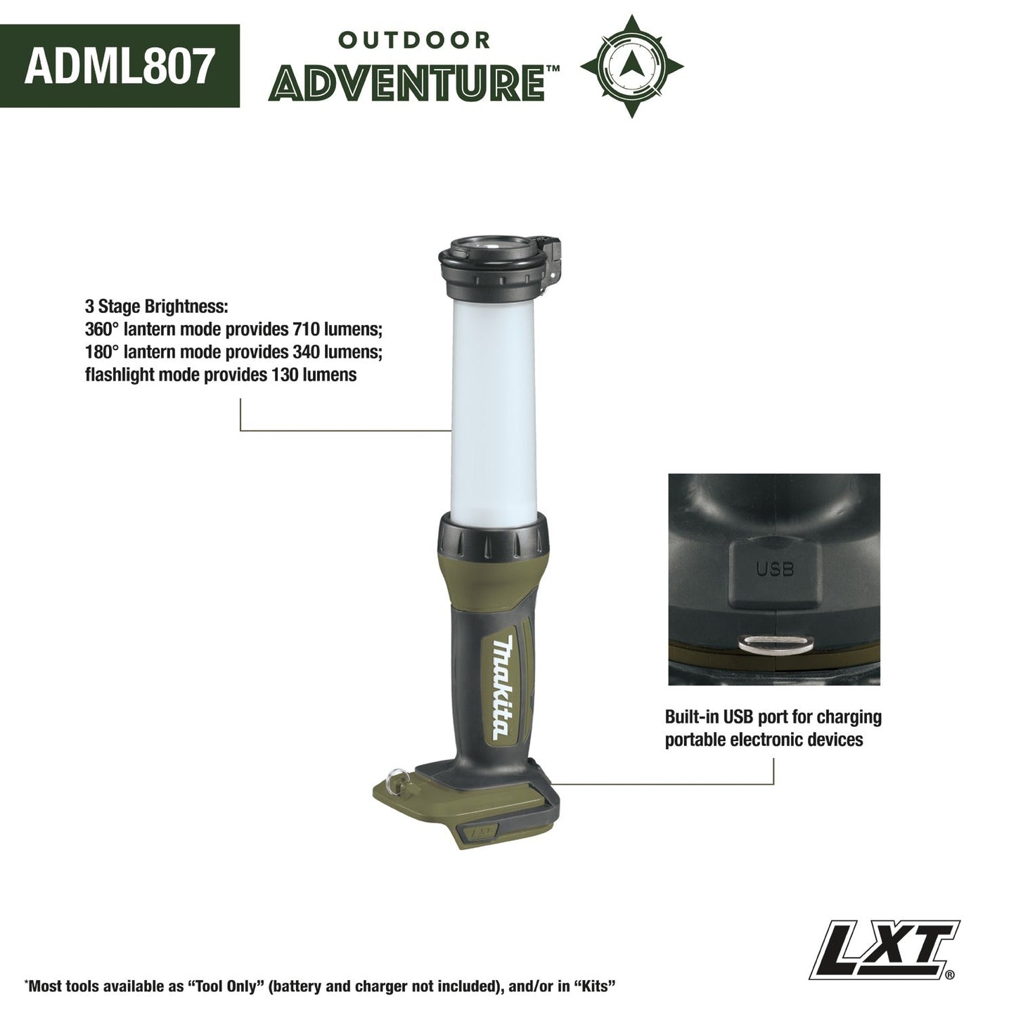 Makita ADML807 Outdoor Adventure, 18V LXT® L.E.D. Lantern/Flashlight, Flashlight Only