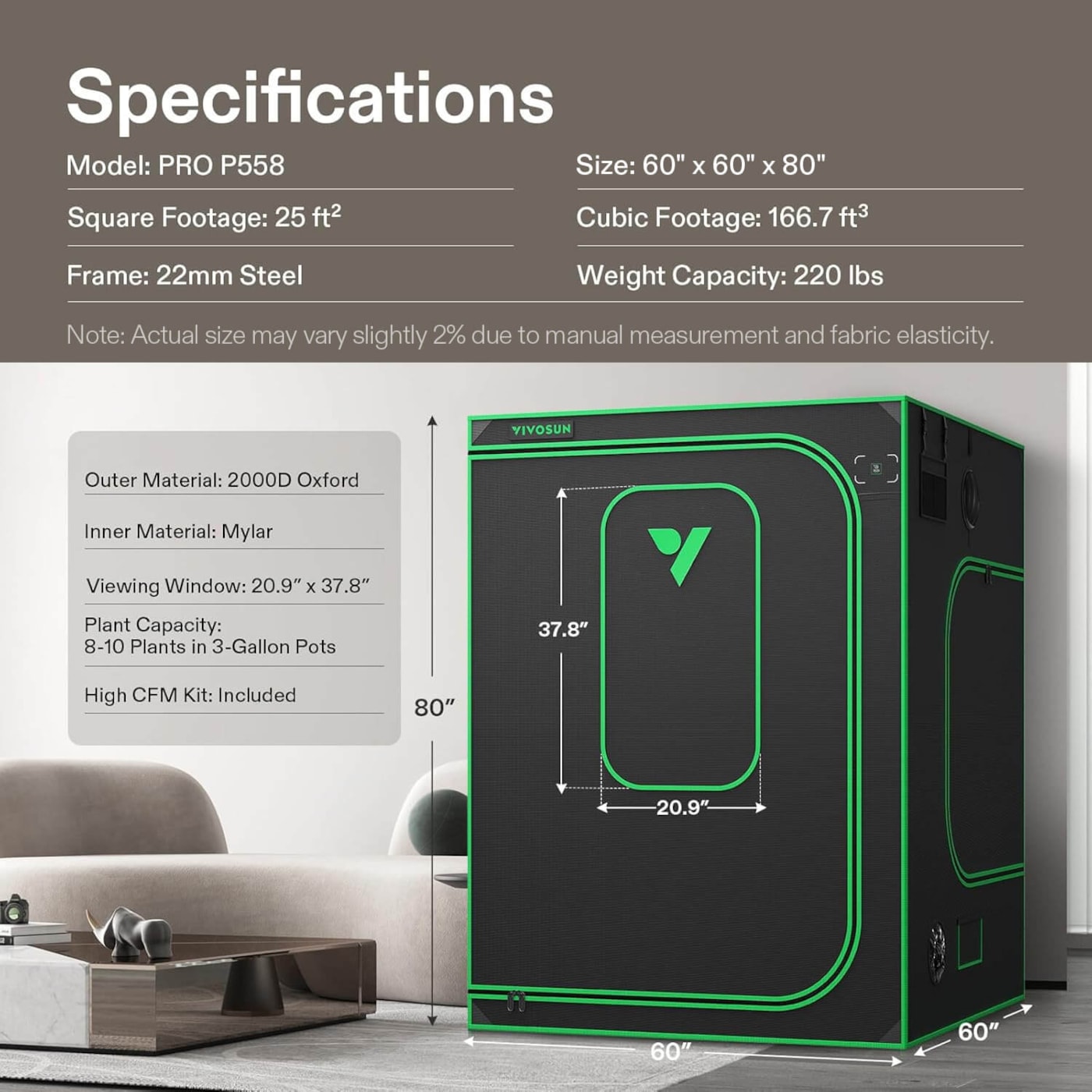 Vivosun Smart Grow Tent Kit GIY-SGS-55FD 5x5, 6-Plant Complete System, with WiFi E42A+ Controller, 650W VSFD6500 LED Grow Light, and 8-inch AeroZesh T8 Ventilation Combo