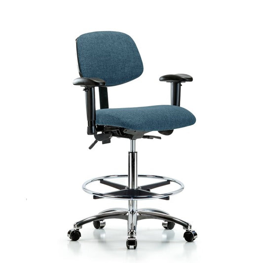 Blue Ridge Ergonomics FHBCH-CR-T0-A1-CF-CC-F43 Rutledge Fabric Chair Chrome - High Bench Height with Adjustable Arms, Chrome Foot Ring, & Casters in Blue Fabric