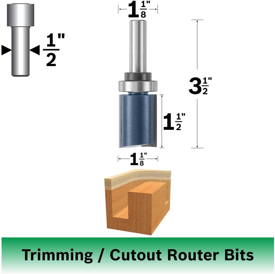 Bosch 85671M 1-1/8 In. X 1-1/2 In. Carbide Tipped 2-Flute Top Bearing Straight Trim Bit