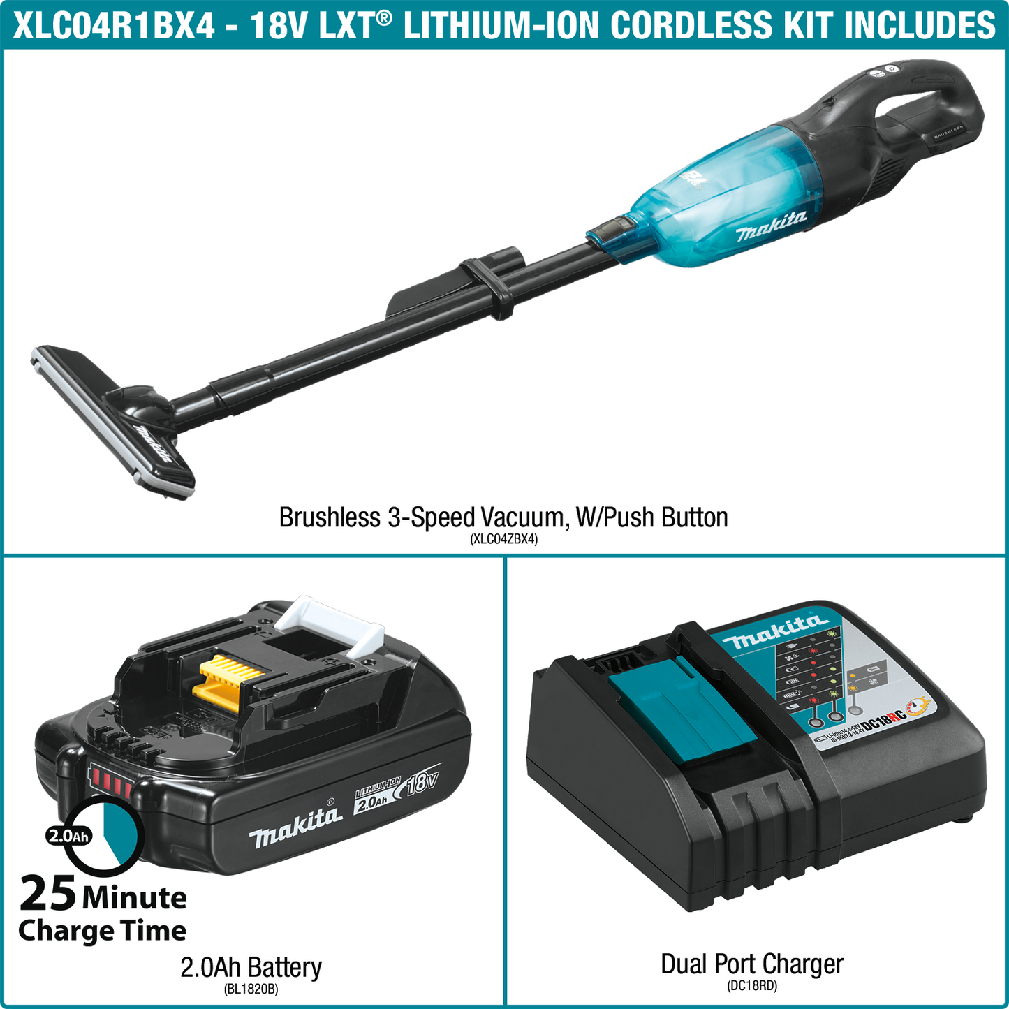 Makita XLC04R1BX4 18V LXT® Lithium‘ion Compact Brushless Cordless 3‘Speed Vacuum Kit, w/ Push Button (2.0Ah)