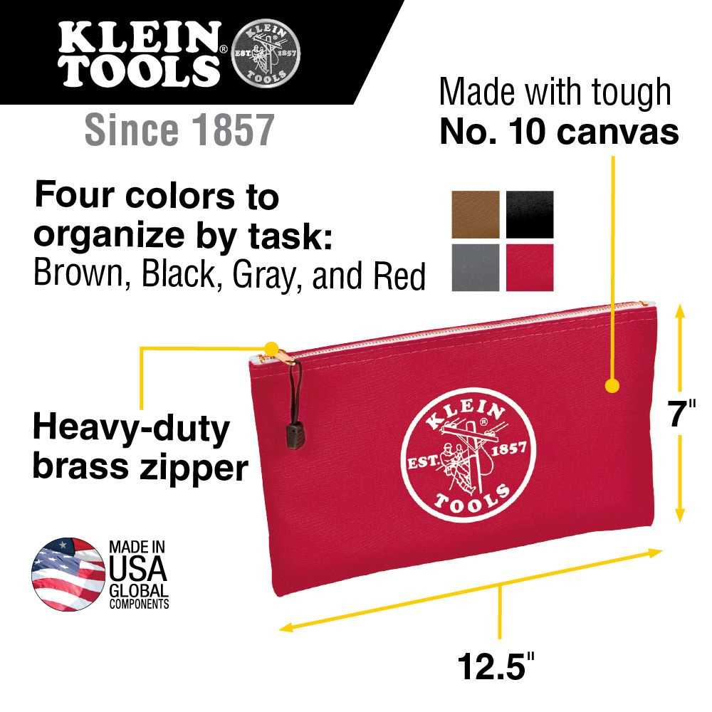 Klein Tools 5141 Zipper Bags, Canvas Tool Pouches Brown/Black/Gray/Red, 4-Pack