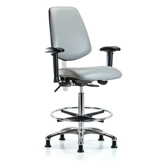 Blue Ridge Ergonomics NCR-VHBCH-MB-CR-T1-A1-CF-RG-8567 CL100 Vinyl Clean Room Chair - High Bench Height with Medium Back, Seat Tilt, Adjustable Arms, Chrome Foot Ring, & Stationary Glides in Dove Trailblazer™ Vinyl