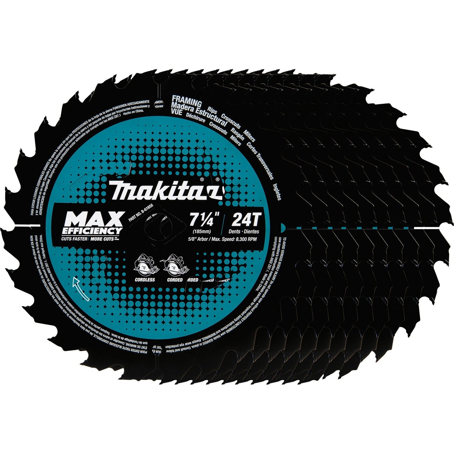 Makita B-61656-10 7‘1/4" 24T Carbide‘Tipped Max Efficiency Circular Saw Blade, Framing, 10/pk