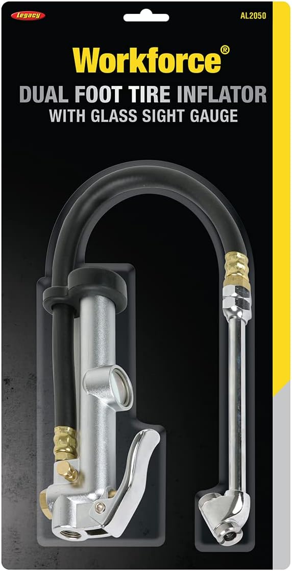 Workforce AL2050 Dual Foot Tire Inflator with 12” Hose, Glass Sight Gauge (10 to 120 psi)