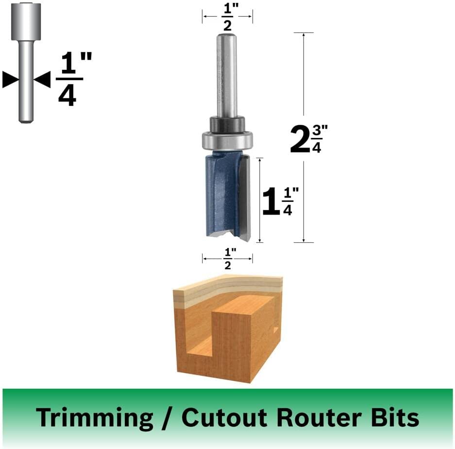 Bosch 85672M 1/2 In. X 1-1/4 In. Carbide Tipped 2-Flute Top Bearing Straight Trim Bit