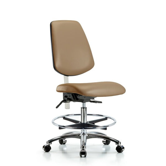 Blue Ridge Ergonomics NCR-VMBCH-MB-CR-T1-A0-CF-CC-8584 Class 100 Vinyl Clean Room Chair - Medium Bench Height with Medium Back, Seat Tilt, Chrome Foot Ring, & Casters in Taupe Trailblazer™ Vinyl