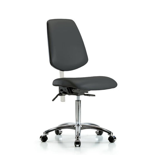 Blue Ridge Ergonomics NCR-VMBCH-MB-CR-T1-A0-NF-CC-8605 Class 100 Vinyl Clean Room Chair - Medium Bench Height with Medium Back, Seat Tilt, & Casters in Charcoal Trailblazer™ Vinyl