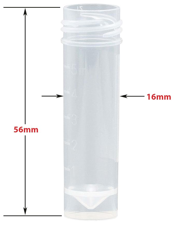 Globe Scientific 6101S Transport Tube 5mL with Attached White Screw Cap STERILE PP Conical Bottom Self-Standing Molded Graduations 25/Bag