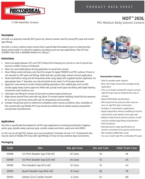 Rectorseal 55990 Hot 203 Low Voc PVC Hot, 1 pt.
