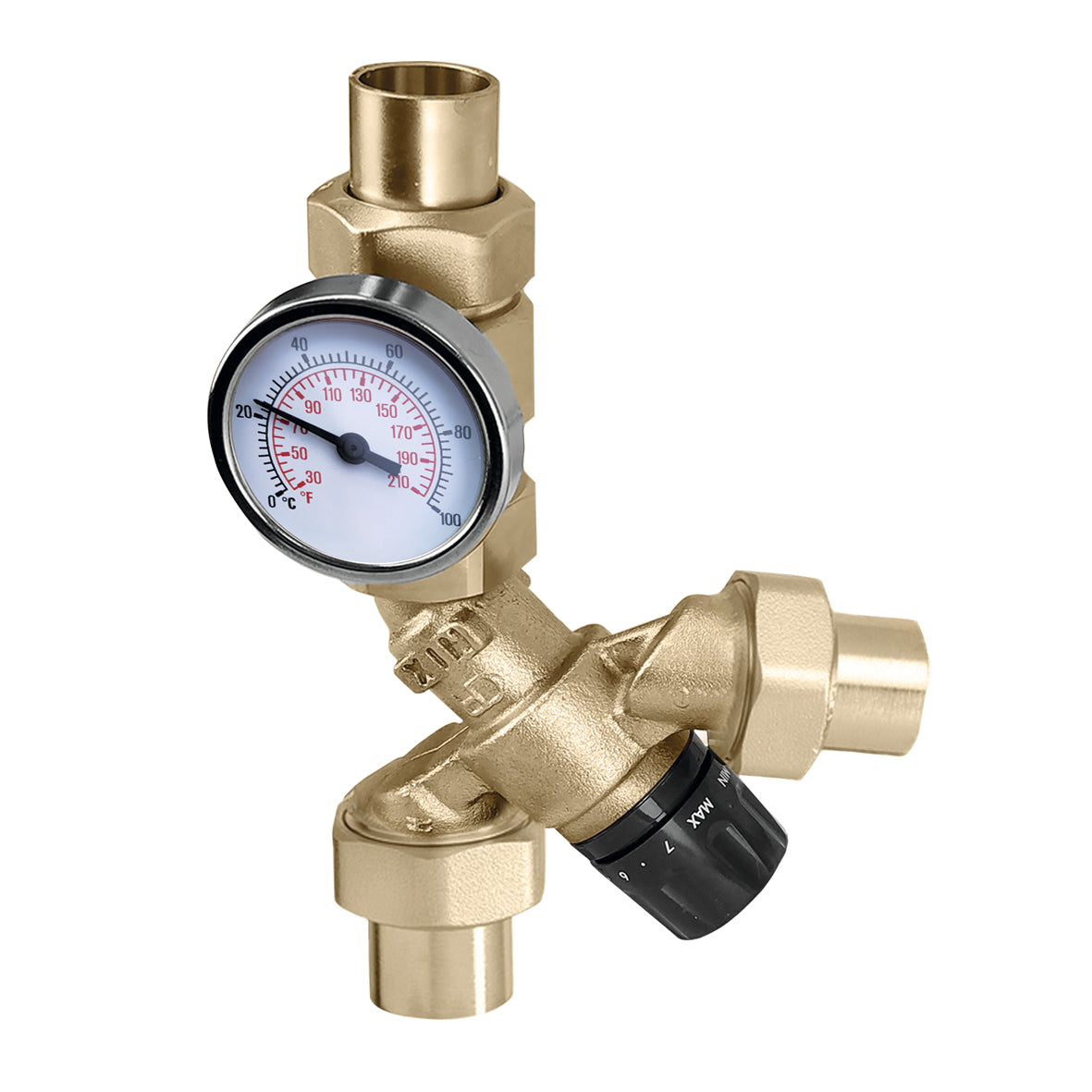 Caleffi 520610AC AngleMix™ 3- Way Mixing valve 1" NPT male union, check valves-ASSE 1017 & 1070