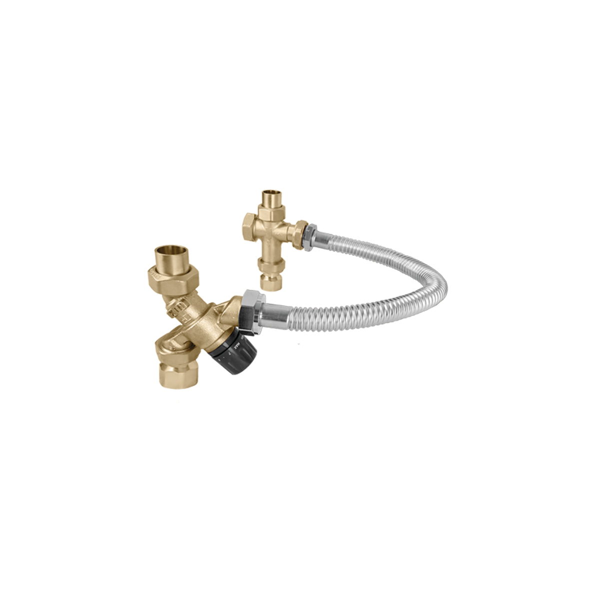 Caleffi 520509AX TankMixer™ 3-Way Mixing Valve 3/4" FNPT tank, 18" flex hose, cross, 3/4" sweat system-ASSE 1017