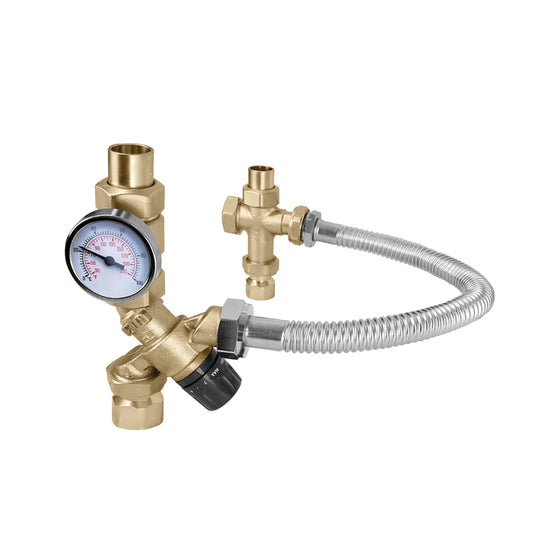 Caleffi 520510AX TankMixer™ 3-Way Mixing Valve 3/4" FNPT tank, 18" flex hose, cross, 3/4" MNPT system, gauge-ASSE 1017