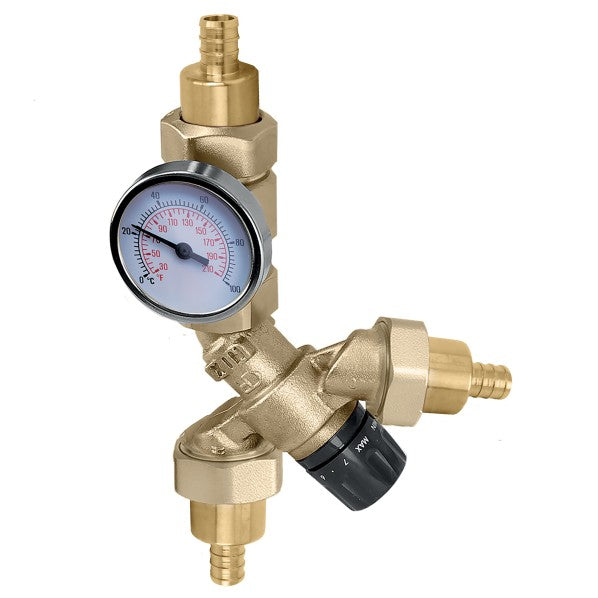 Caleffi 520514A AngleMix™ 3- Way Mixing valve 3/4" PEX crimp union, gauge-ASSE 1017