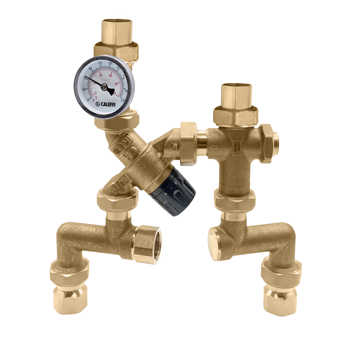 Caleffi 520519AP PivotMixer™3-Way Mixing Valve 3/4", NPT female union tank, L-connector, sweat union system, gauge-ASSE 1017