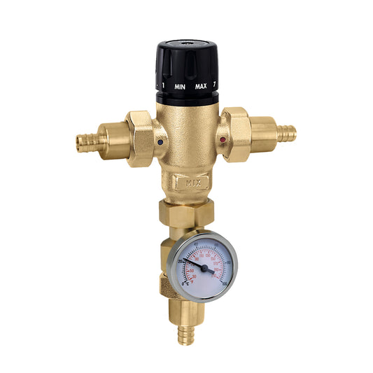 Caleffi 521418AC MixCal™ 3-way Mixing Valve 1/2" Pex Expansion w/Check Valves & Temp Gauge-ASSE 1017