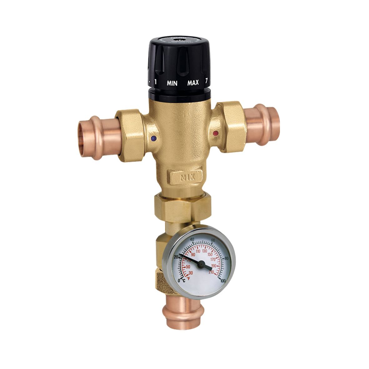 Caleffi 521516AC MixCal™ 3-way Mixing Valve 3/4" Press w/Check Valves & Temp Gauge-ASSE 1017